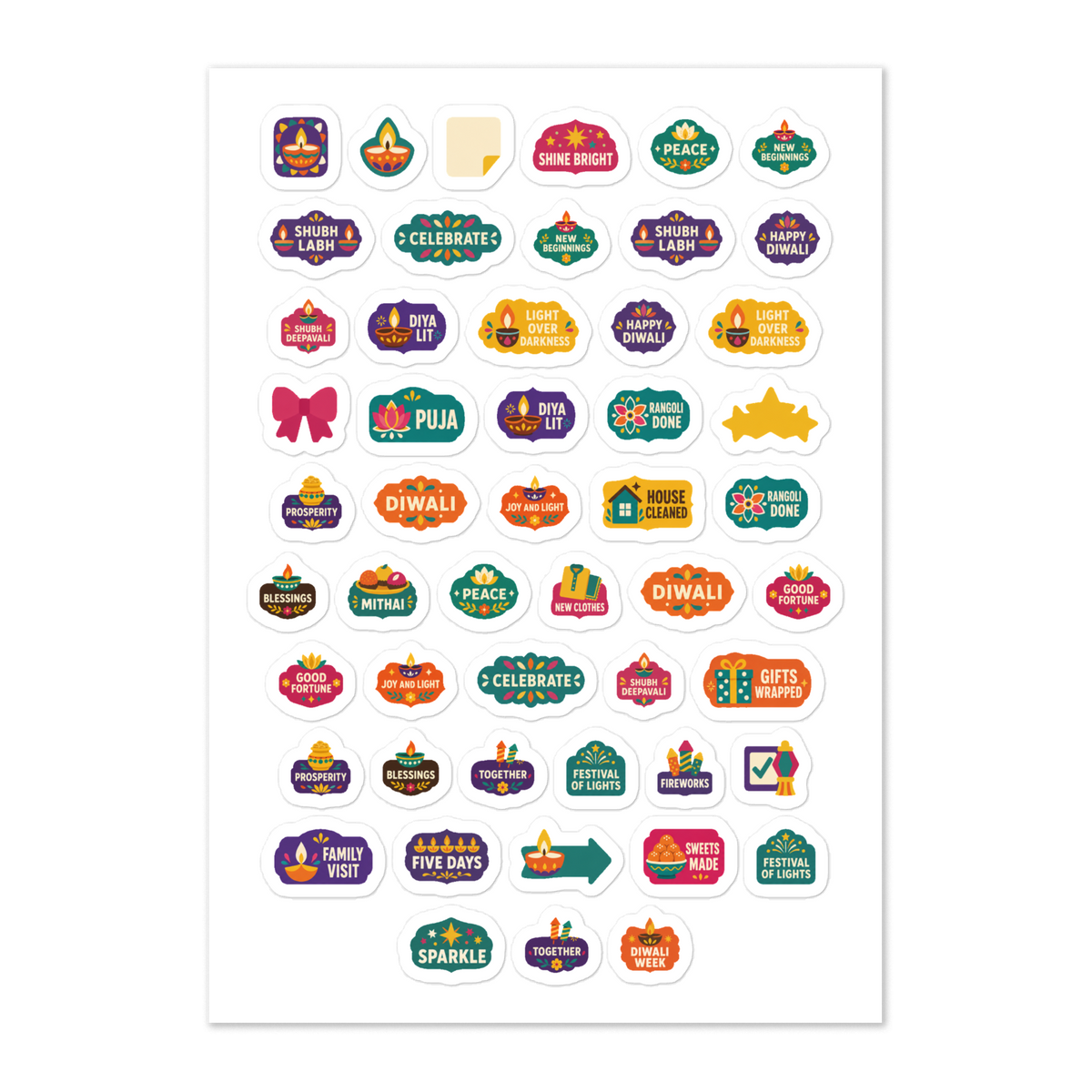 51 diwali word planner stickers on one kiss-cut 5.83 x 8.27 in sheet, permanent vinyl