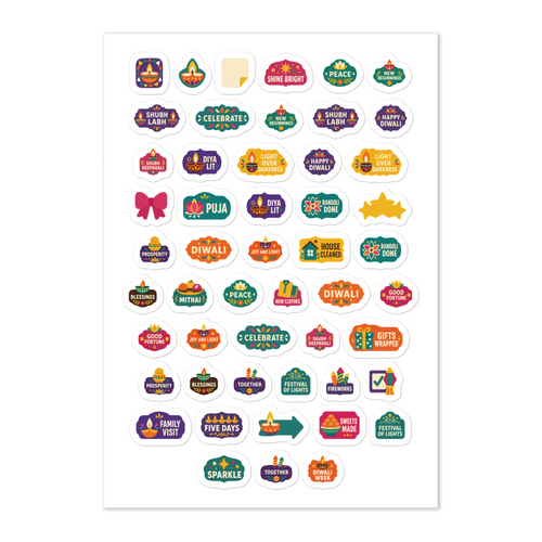 51 diwali word planner stickers on one kiss-cut 5.83 x 8.27 in sheet, permanent vinyl