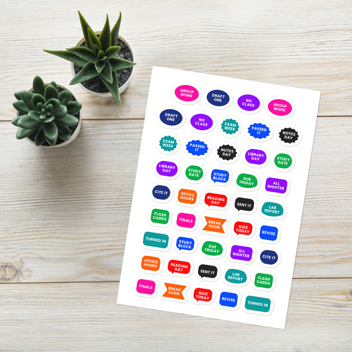44 student planner stickers on one kiss-cut 5.83 x 8.27 in sheet, permanent vinyl