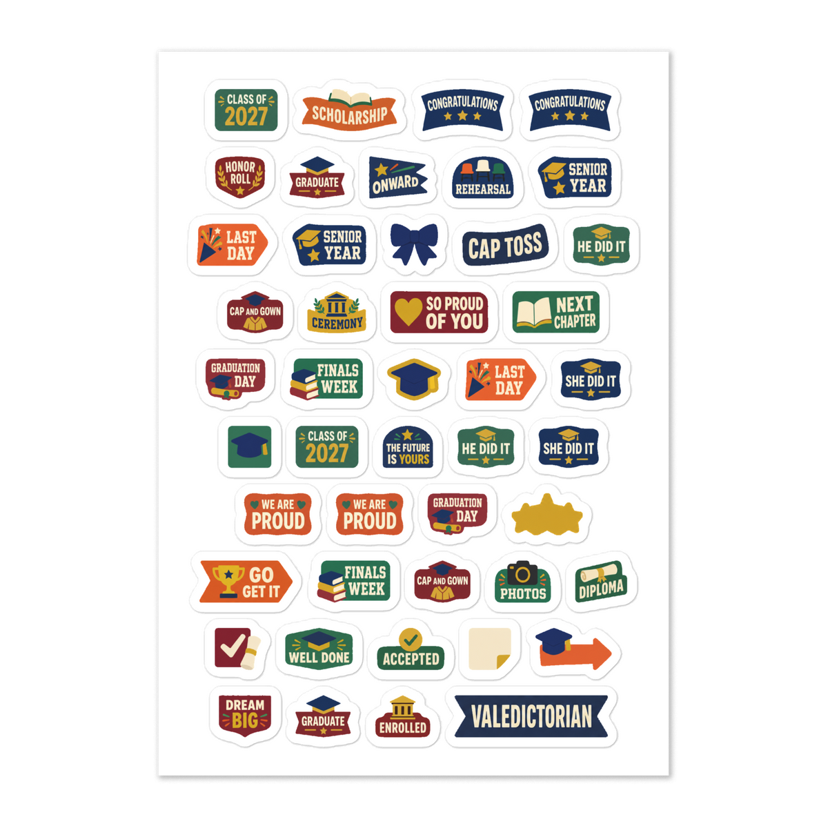 46 graduation word planner stickers on one kiss-cut 5.83 x 8.27 in sheet, permanent vinyl