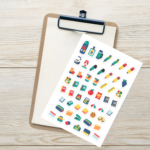 52 school supplies planner stickers on one kiss-cut 5.83 x 8.27 in sheet, permanent vinyl