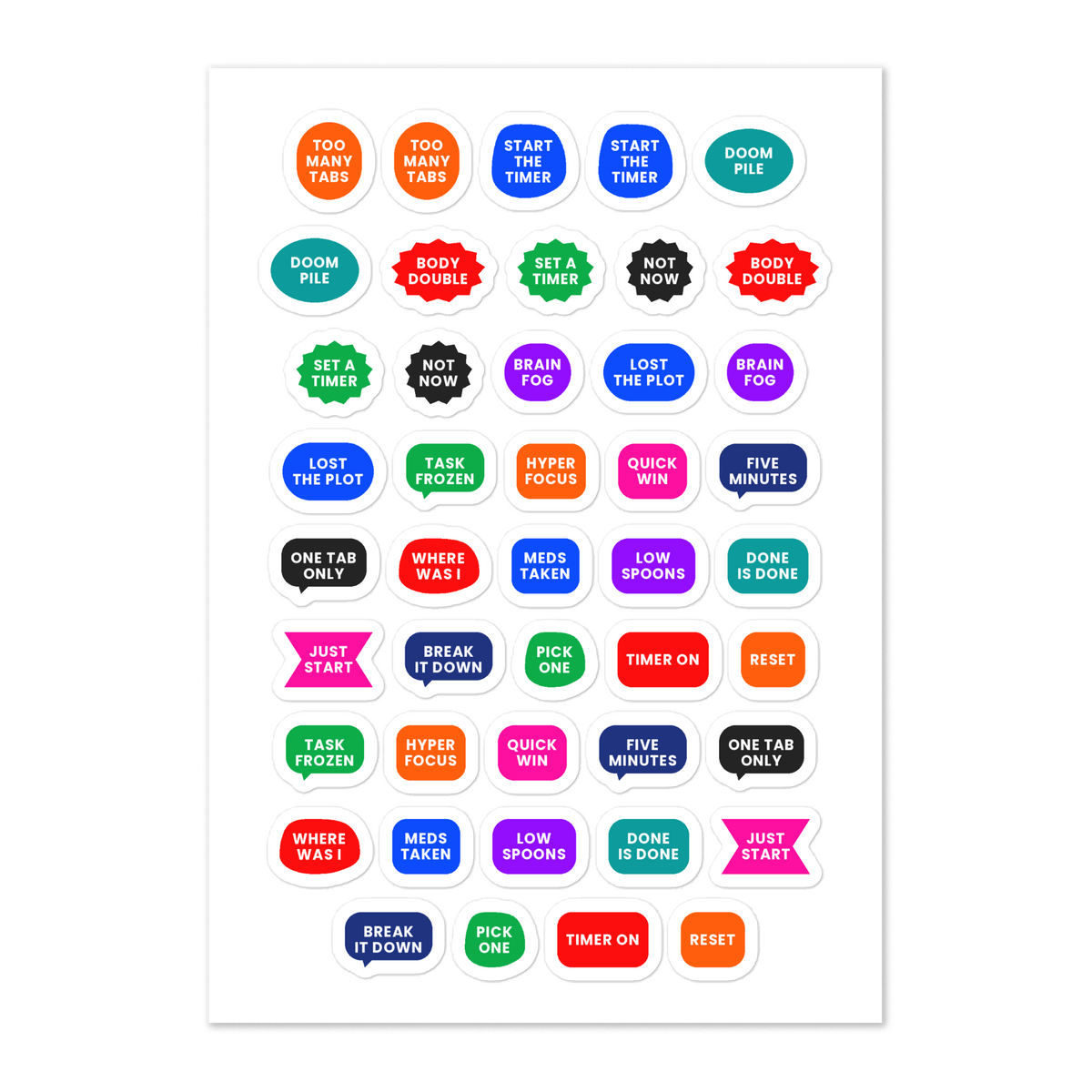 44 adhd planner stickers on one kiss-cut 5.83 x 8.27 in sheet, permanent vinyl