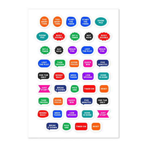 44 adhd planner stickers on one kiss-cut 5.83 x 8.27 in sheet, permanent vinyl