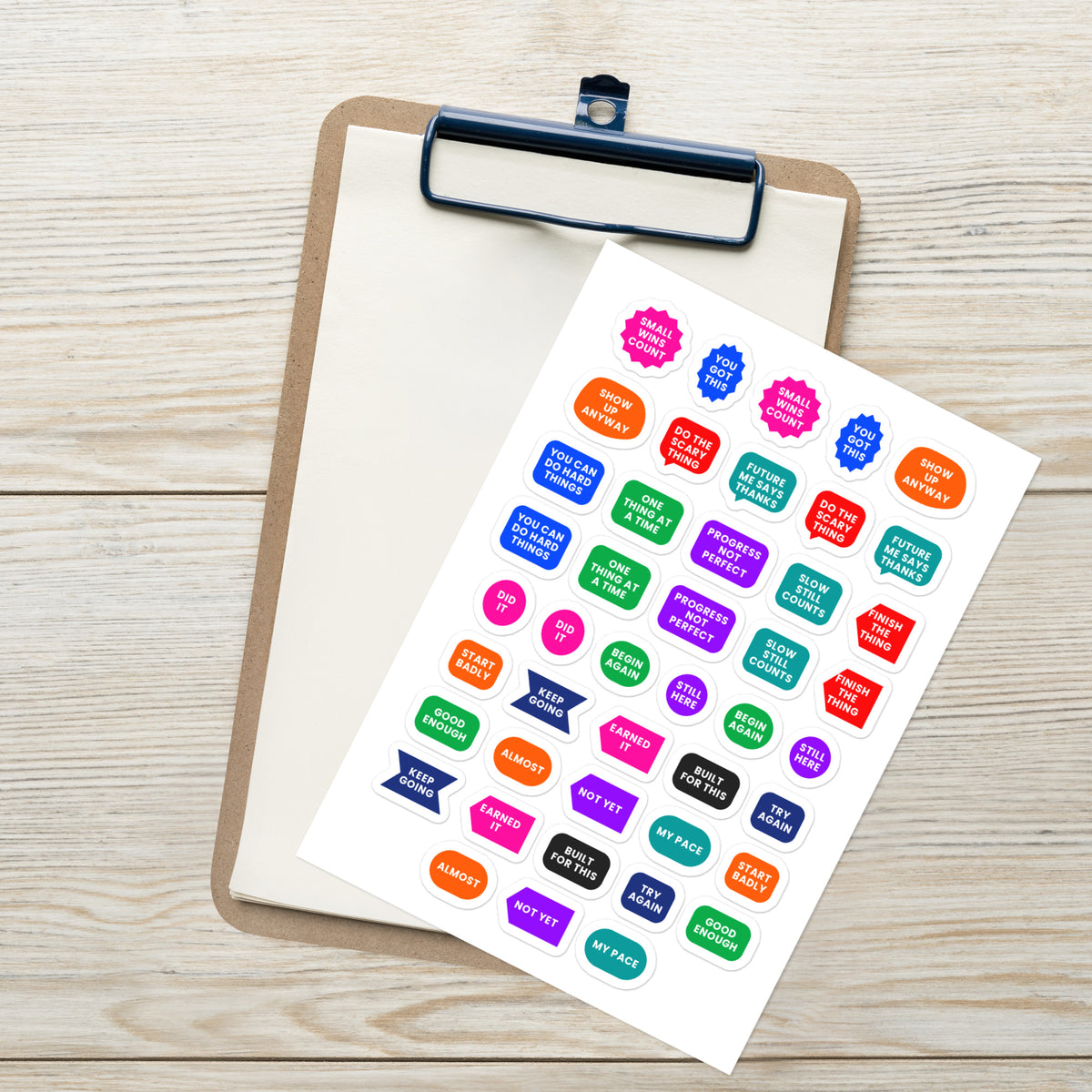 44 motivational planner stickers on one kiss-cut 5.83 x 8.27 in sheet, permanent vinyl