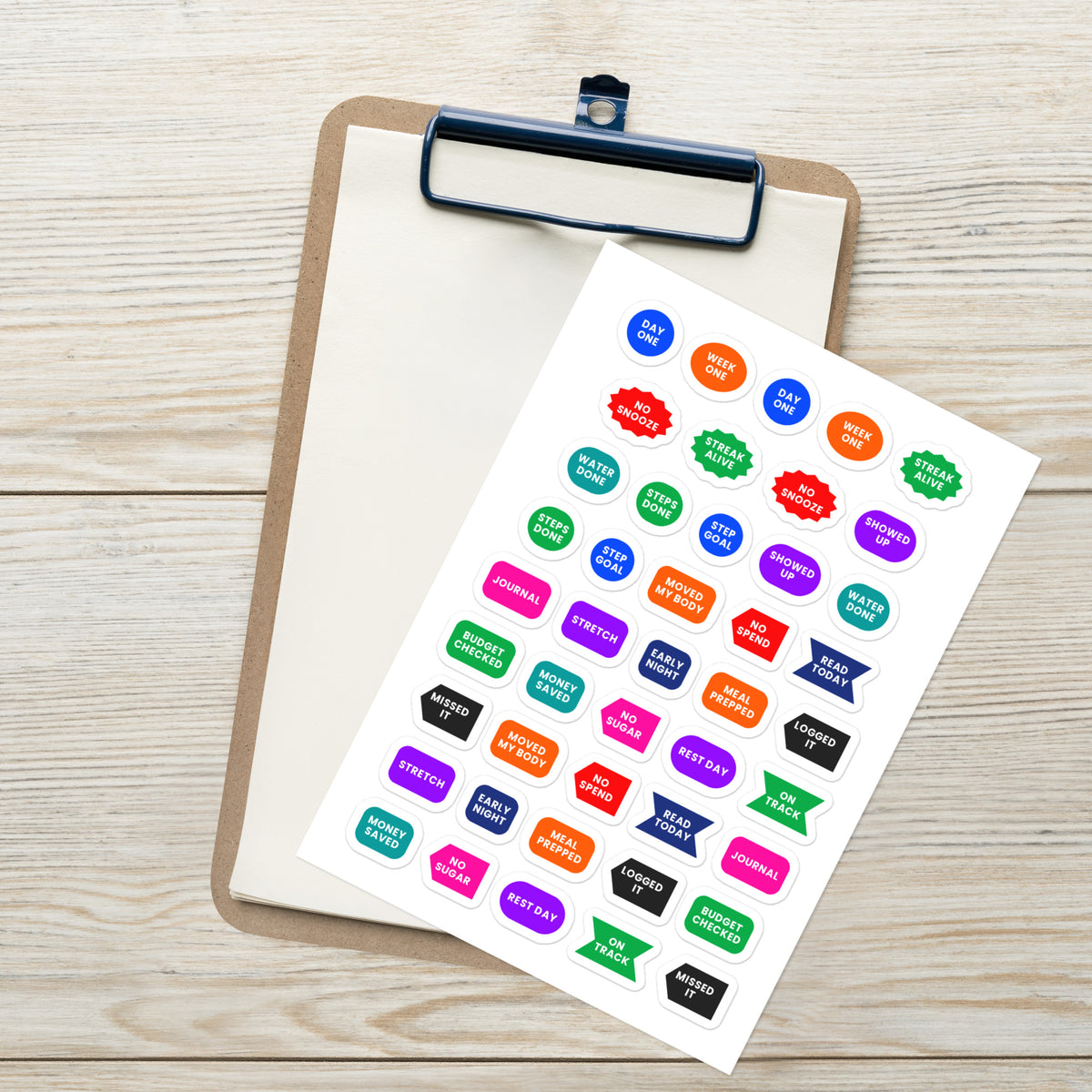 44 habit streak planner stickers on one kiss-cut 5.83 x 8.27 in sheet, permanent vinyl