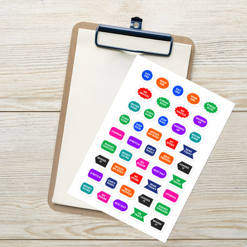 44 habit streak planner stickers on one kiss-cut 5.83 x 8.27 in sheet, permanent vinyl