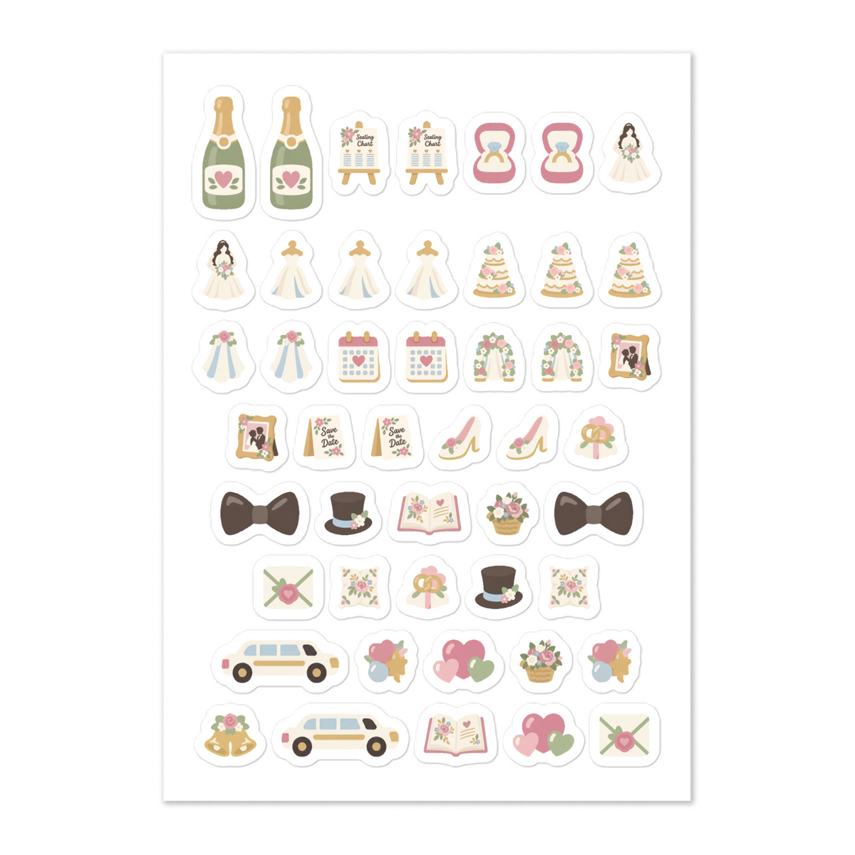 47 wedding planner stickers on one kiss-cut 5.83 x 8.27 in sheet, permanent vinyl