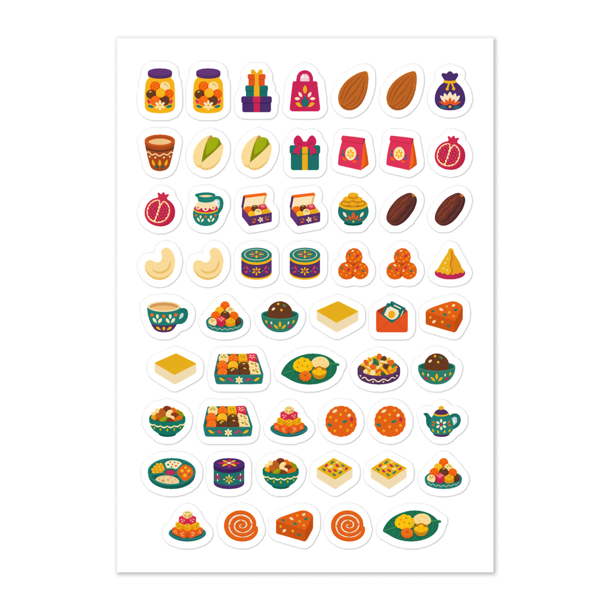 56 diwali sweets & gifts planner stickers on one kiss-cut 5.83 x 8.27 in sheet, permanent vinyl