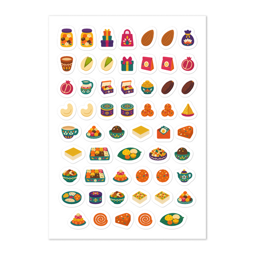 56 diwali sweets & gifts planner stickers on one kiss-cut 5.83 x 8.27 in sheet, permanent vinyl