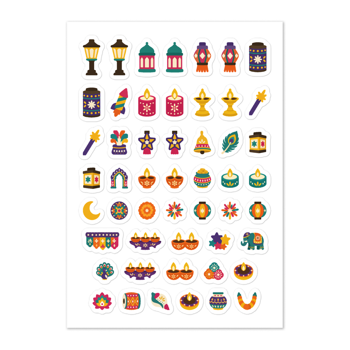 51 diwali lights planner stickers on one kiss-cut 5.83 x 8.27 in sheet, permanent vinyl