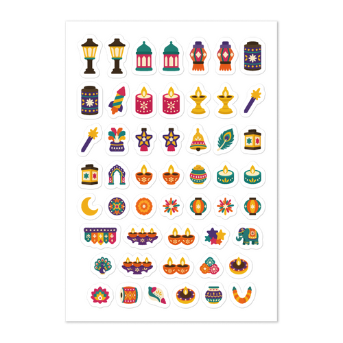 51 diwali lights planner stickers on one kiss-cut 5.83 x 8.27 in sheet, permanent vinyl