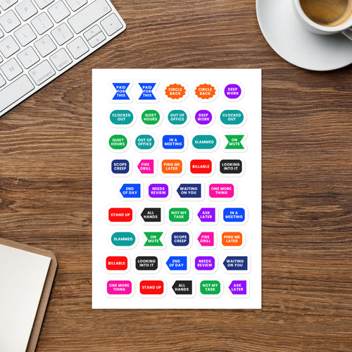 44 office planner stickers on one kiss-cut 5.83 x 8.27 in sheet, permanent vinyl
