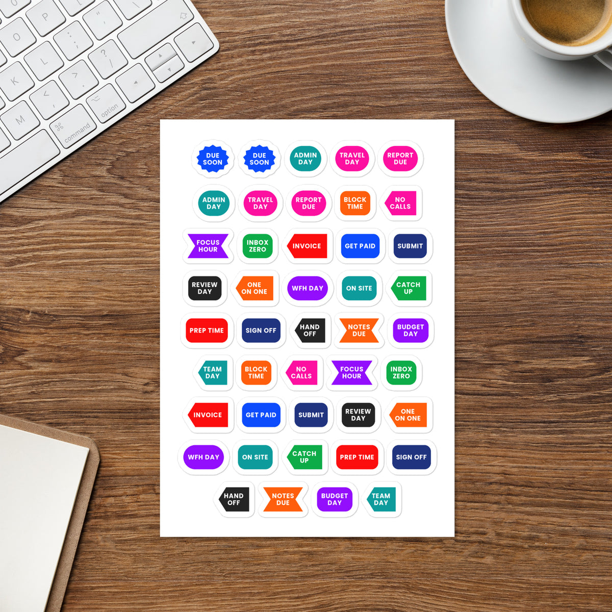 44 work planner stickers on one kiss-cut 5.83 x 8.27 in sheet, permanent vinyl