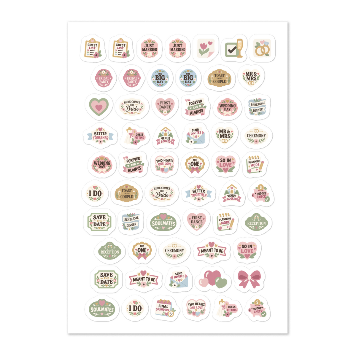 59 wedding word planner stickers on one kiss-cut 5.83 x 8.27 in sheet, permanent vinyl