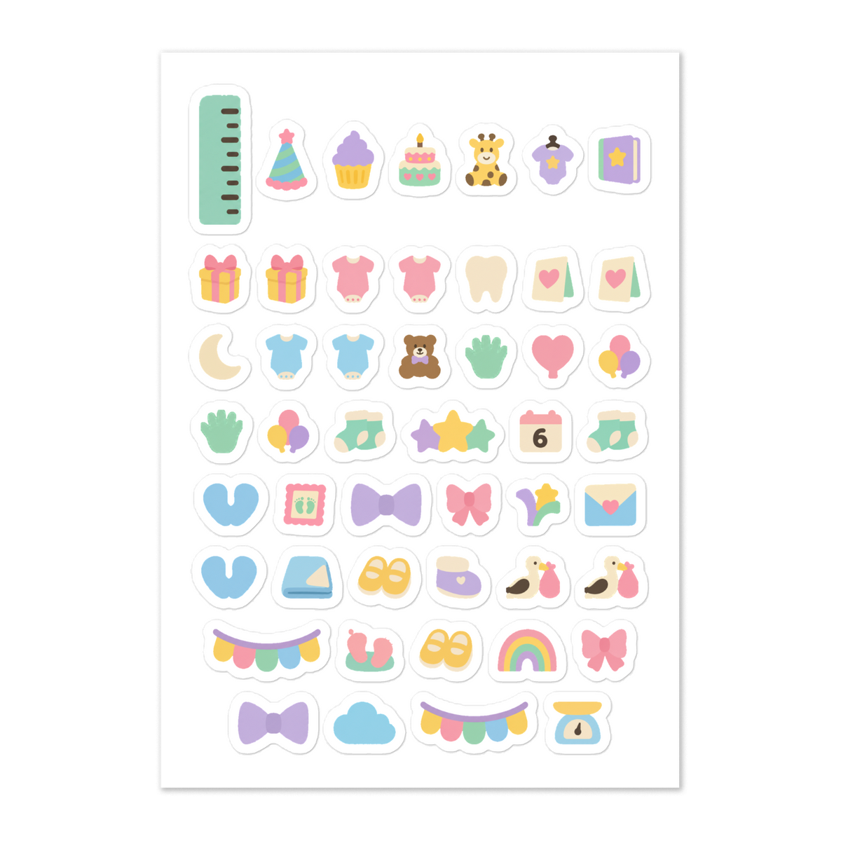 50 baby milestone planner stickers on one kiss-cut 5.83 x 8.27 in sheet, permanent vinyl