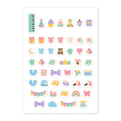 50 baby milestone planner stickers on one kiss-cut 5.83 x 8.27 in sheet, permanent vinyl
