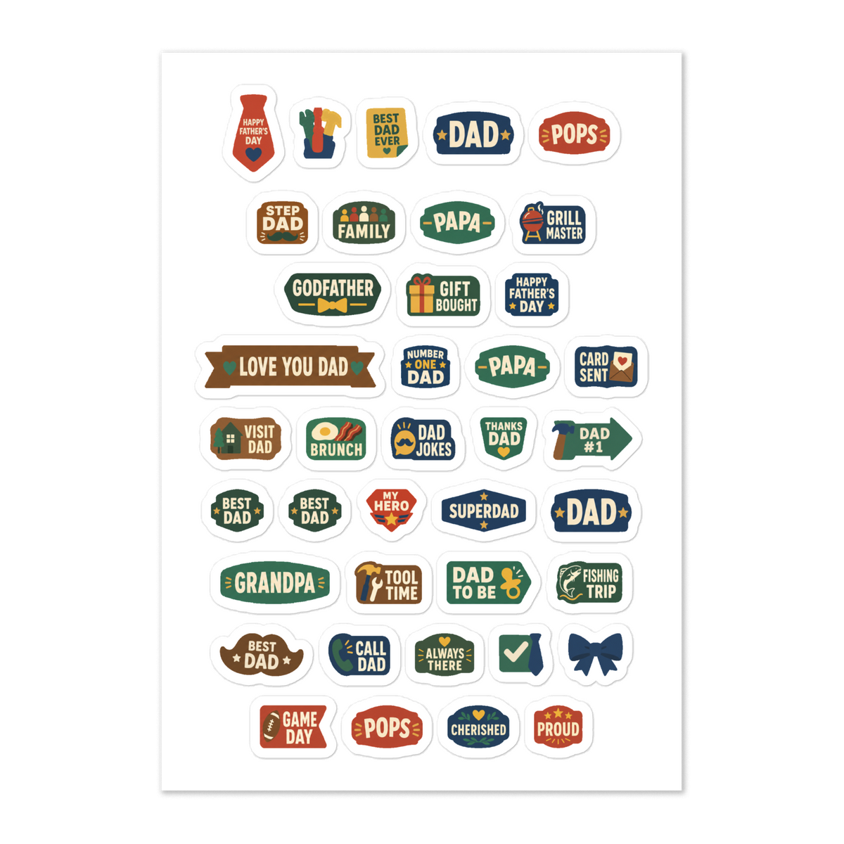 39 father's day word planner stickers on one kiss-cut 5.83 x 8.27 in sheet, permanent vinyl