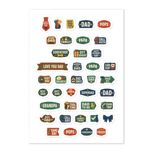 39 father's day word planner stickers on one kiss-cut 5.83 x 8.27 in sheet, permanent vinyl