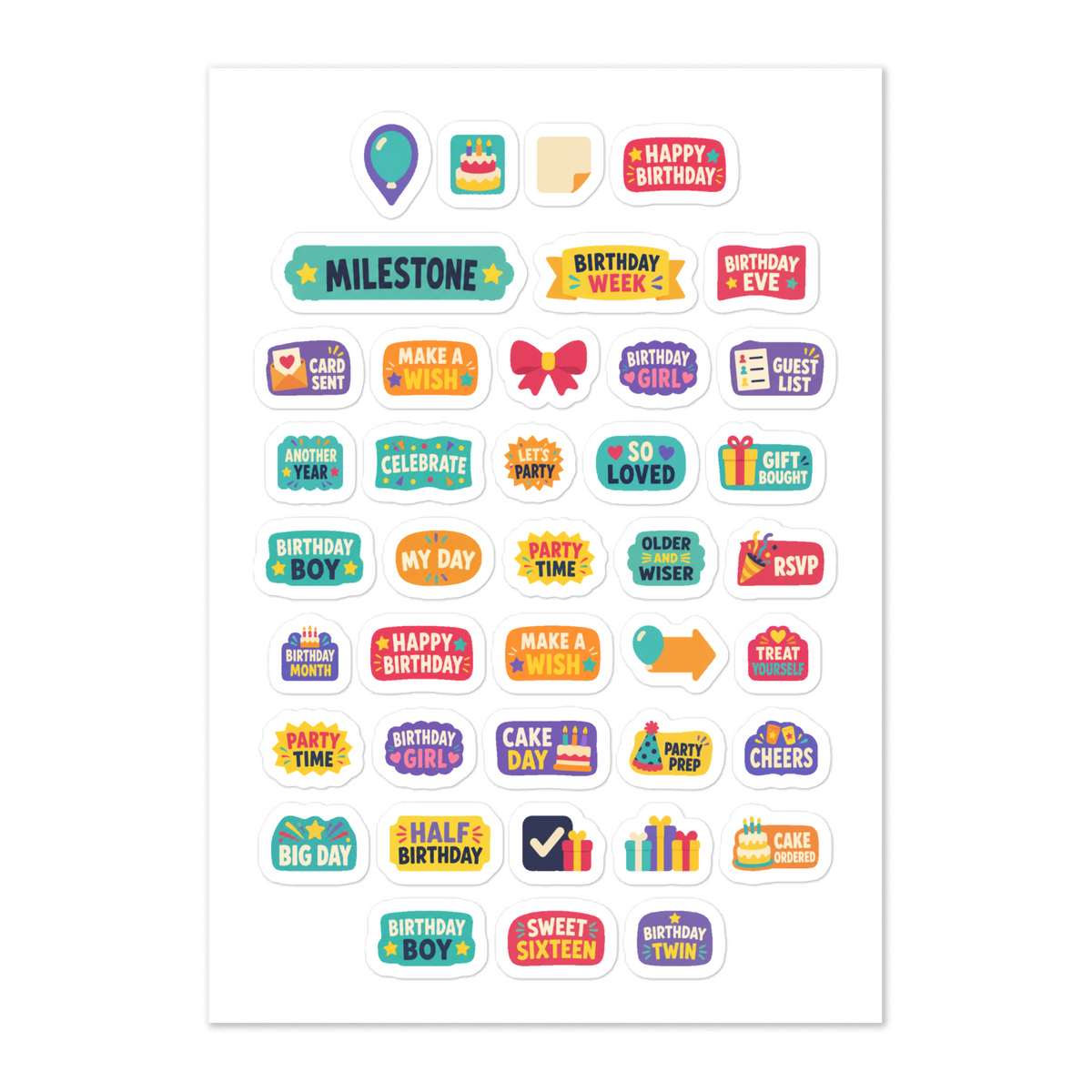 40 birthday word planner stickers on one kiss-cut 5.83 x 8.27 in sheet, permanent vinyl