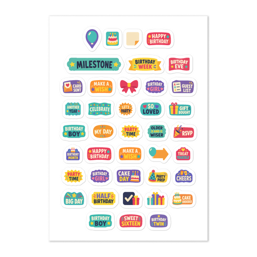 40 birthday word planner stickers on one kiss-cut 5.83 x 8.27 in sheet, permanent vinyl