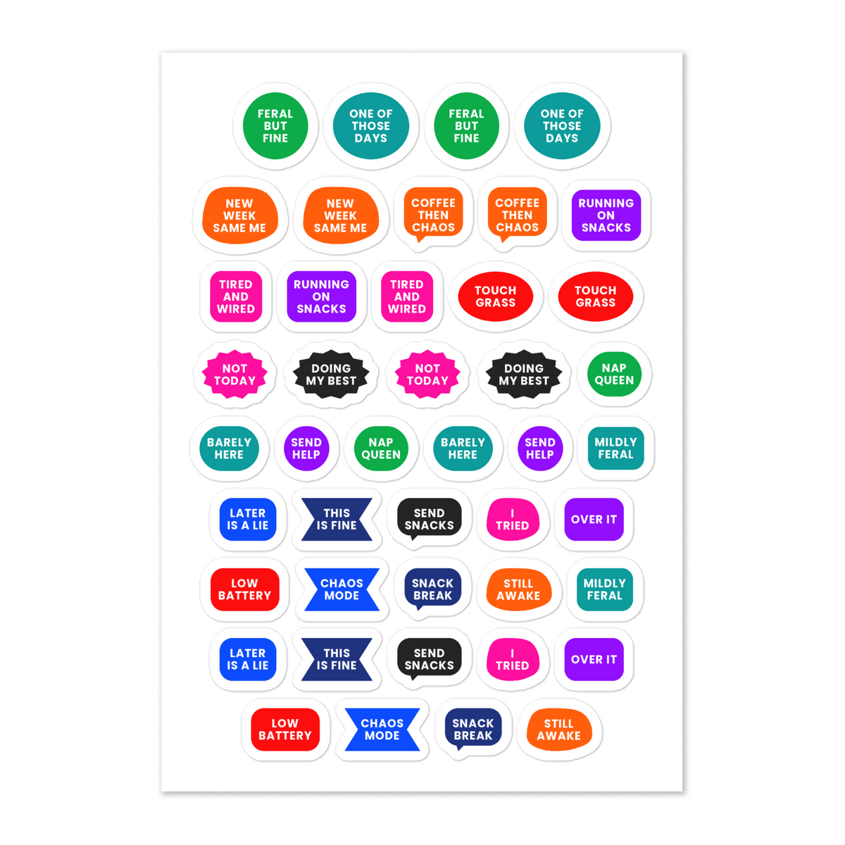 44 funny planner stickers on one kiss-cut 5.83 x 8.27 in sheet, permanent vinyl