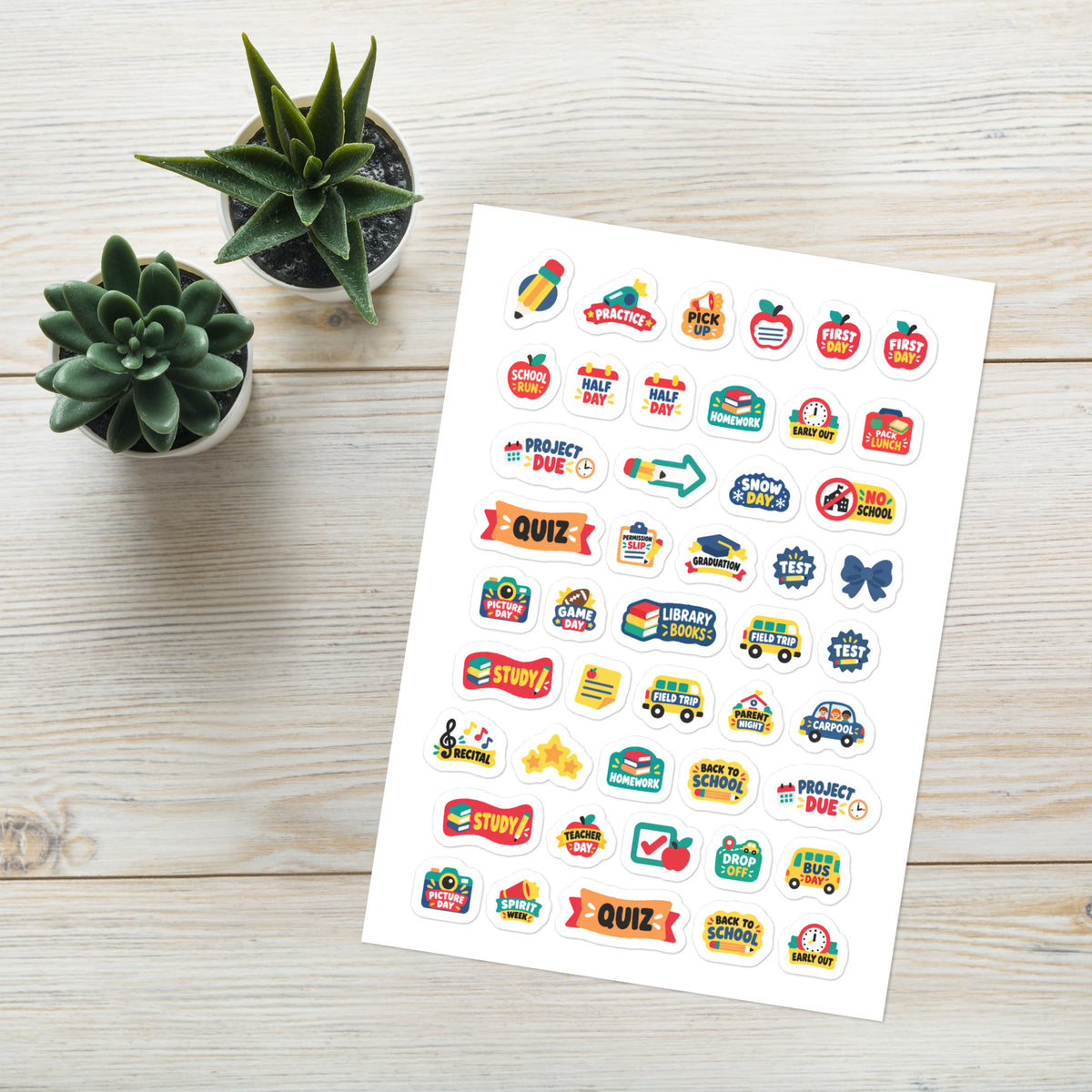 46 back to school word planner stickers on one kiss-cut 5.83 x 8.27 in sheet, permanent vinyl
