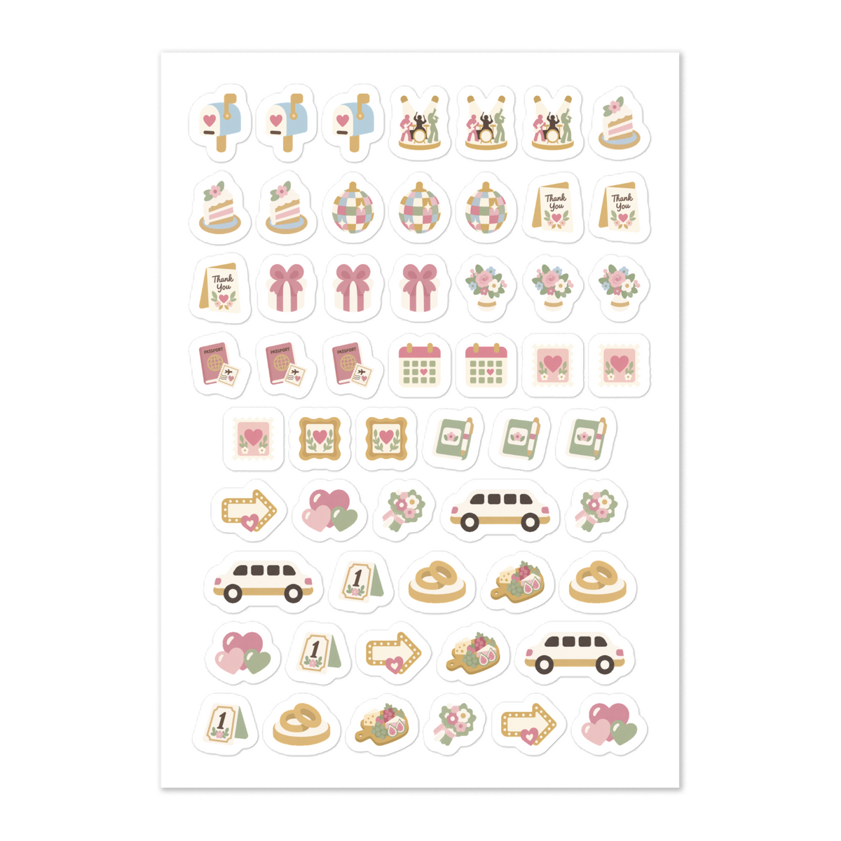 55 wedding celebration planner stickers on one kiss-cut 5.83 x 8.27 in sheet, permanent vinyl