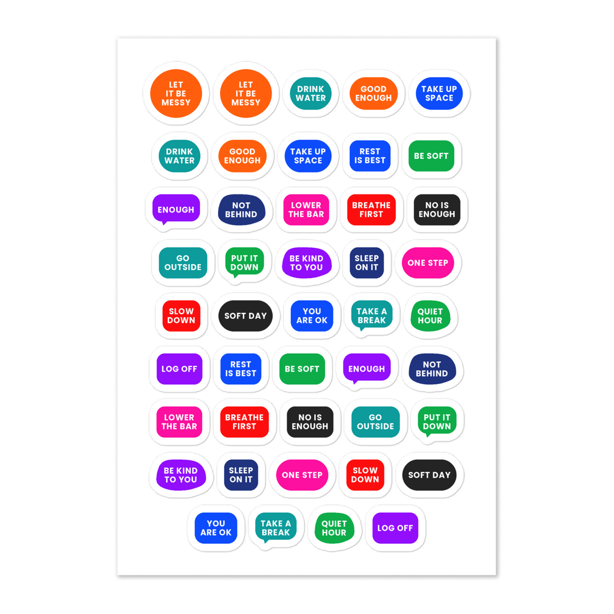 44 self care planner stickers on one kiss-cut 5.83 x 8.27 in sheet, permanent vinyl