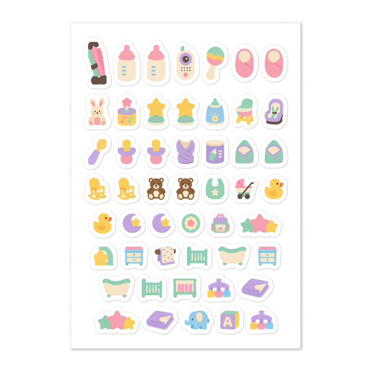 48 baby nursery planner stickers on one kiss-cut 5.83 x 8.27 in sheet, permanent vinyl