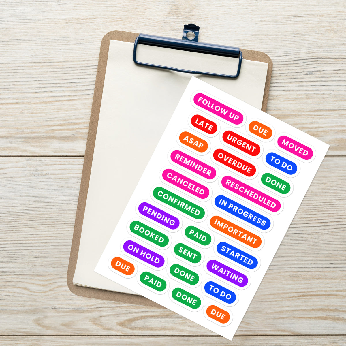 Status word label sticker sheet — done, paid, sent and more planner labels, kiss-cut vinyl