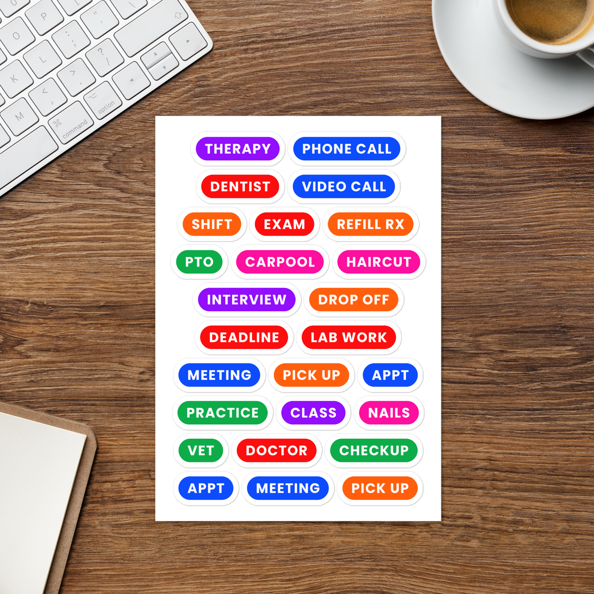 Appointments word label sticker sheet — doctor, dentist and meeting text labels, kiss-cut vinyl
