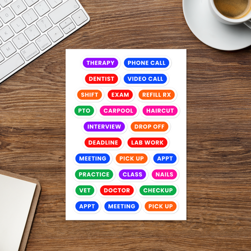 Appointments word label sticker sheet — doctor, dentist and meeting text labels, kiss-cut vinyl