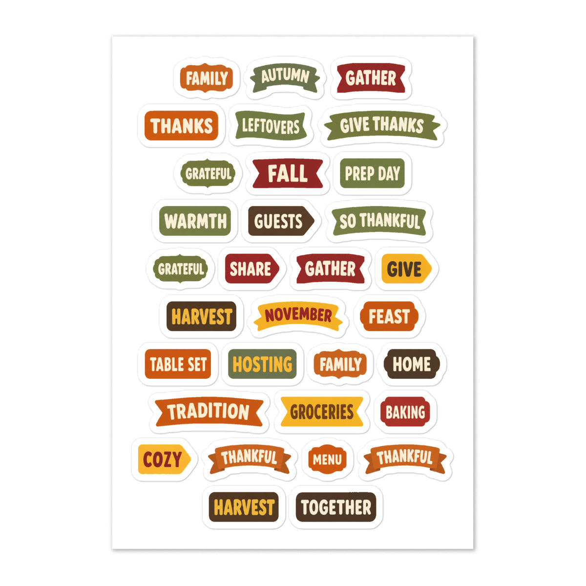 32 Thanksgiving Gratitude planner stickers on one kiss-cut 5.83 x 8.27 in sheet, permanent vinyl