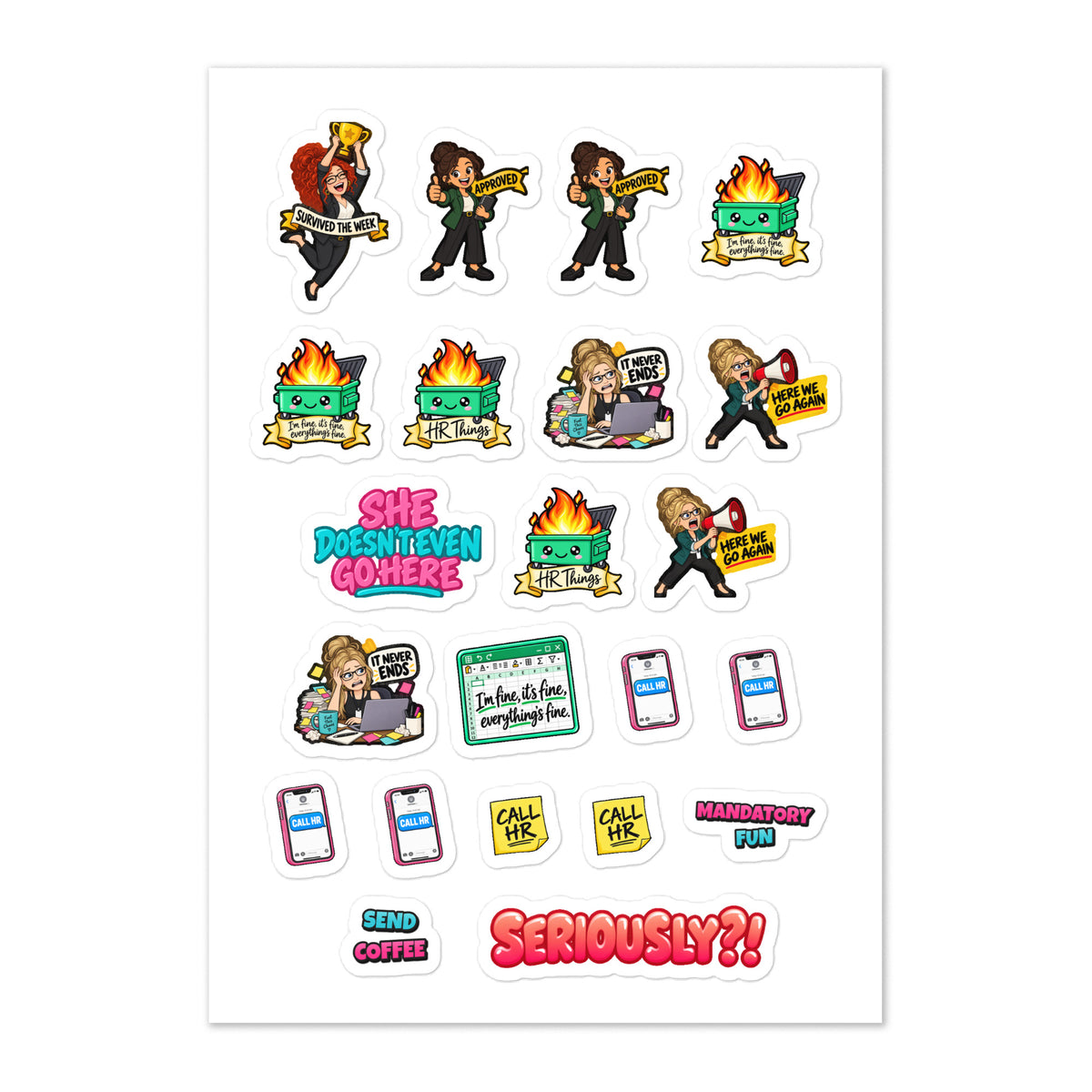22 HR humor planner stickers on one kiss-cut 5.83 x 8.27 in sheet, permanent vinyl