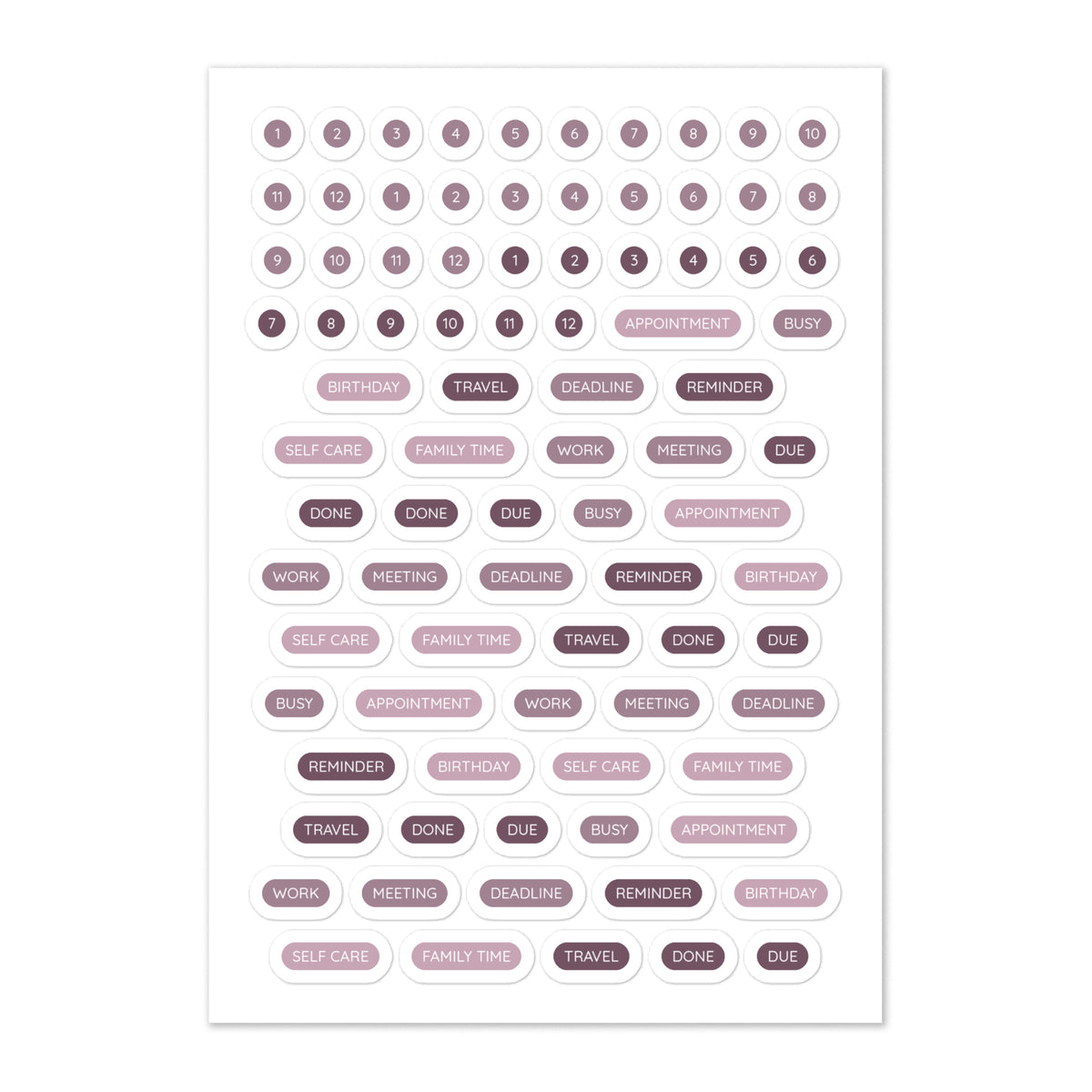 86 Weekly Life Planner numbers and words stickers on one kiss-cut 5.83 x 8.27 in sheet, permanent vinyl