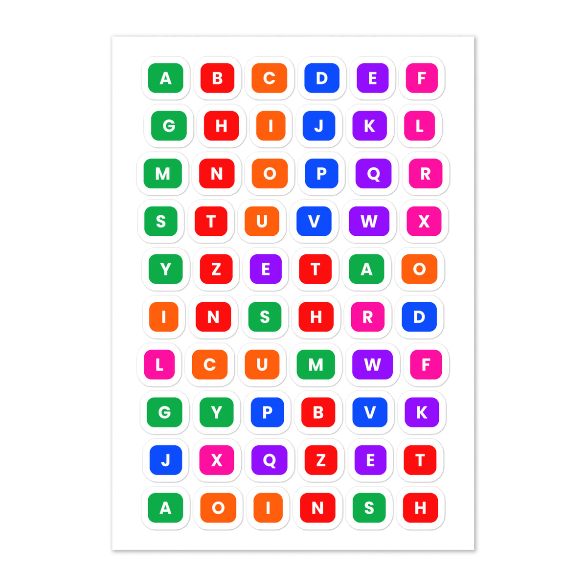 60 alphabet uppercase planner stickers on one kiss-cut 5.83 x 8.27 in sheet, permanent vinyl