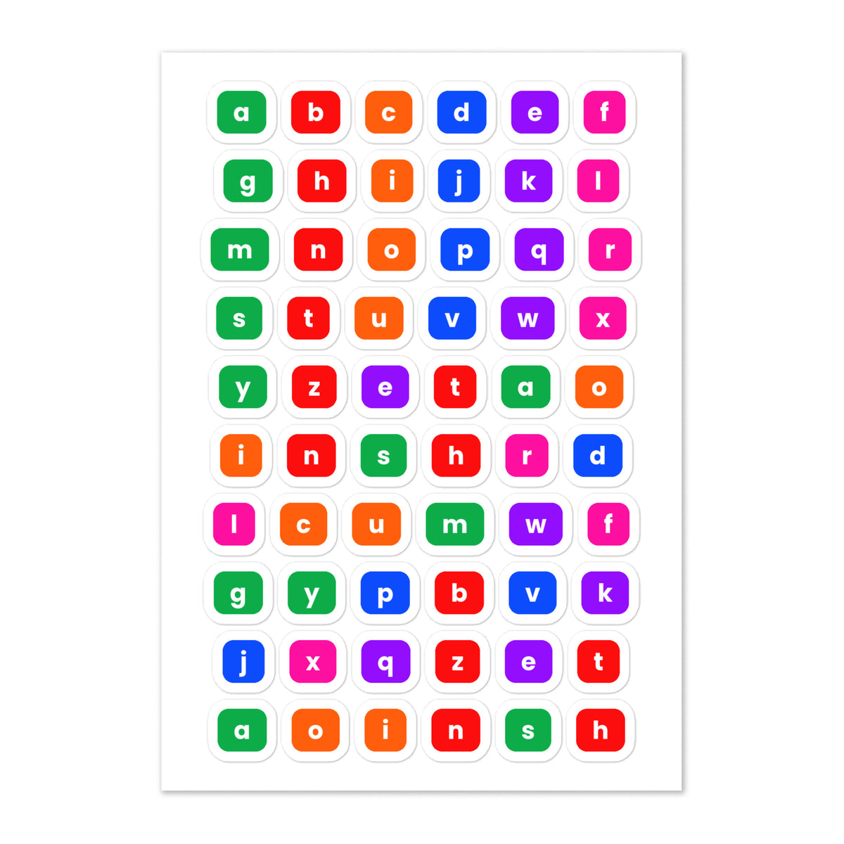 60 alphabet lowercase planner stickers on one kiss-cut 5.83 x 8.27 in sheet, permanent vinyl