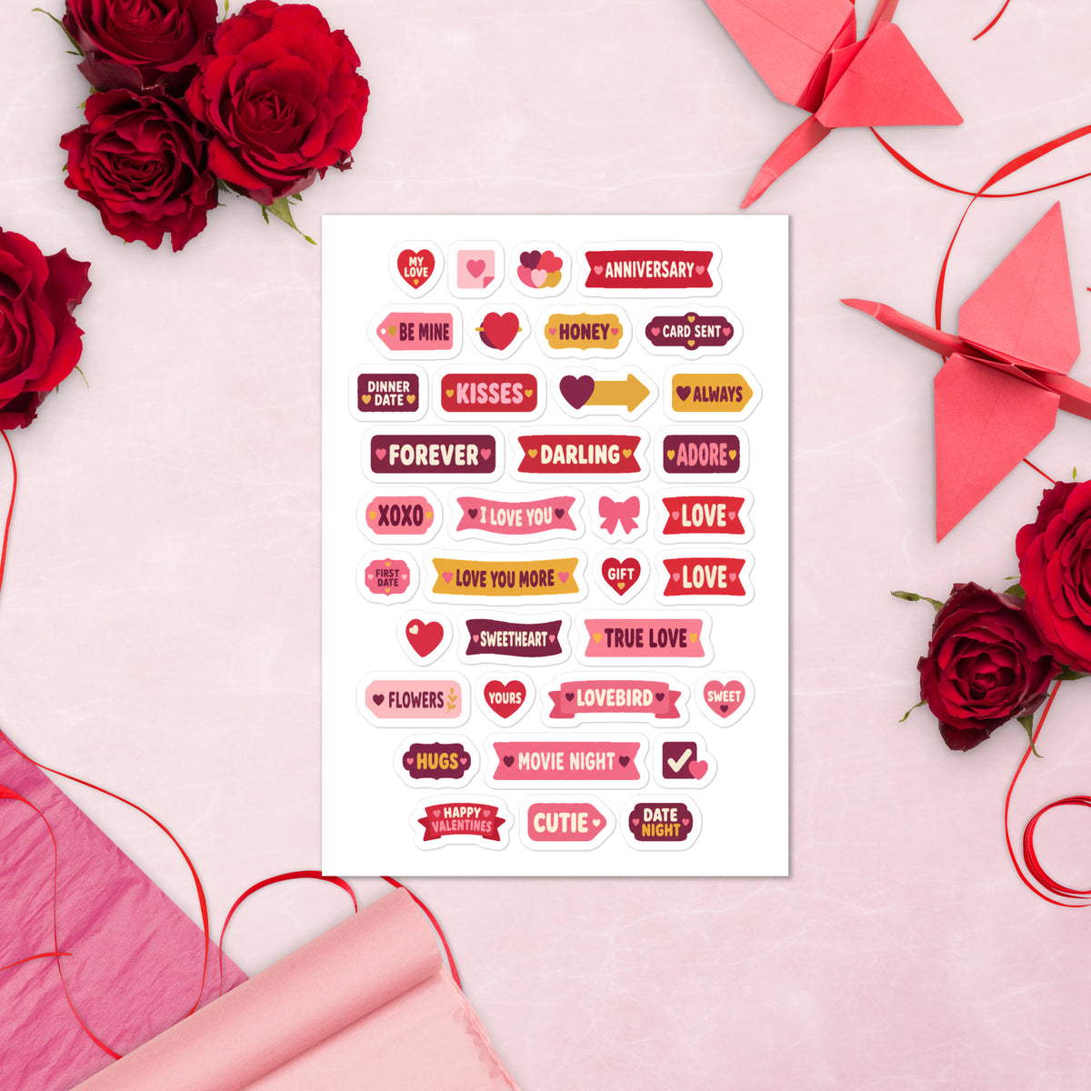 36 valentine's word planner stickers on one kiss-cut 5.83 x 8.27 in sheet, permanent vinyl