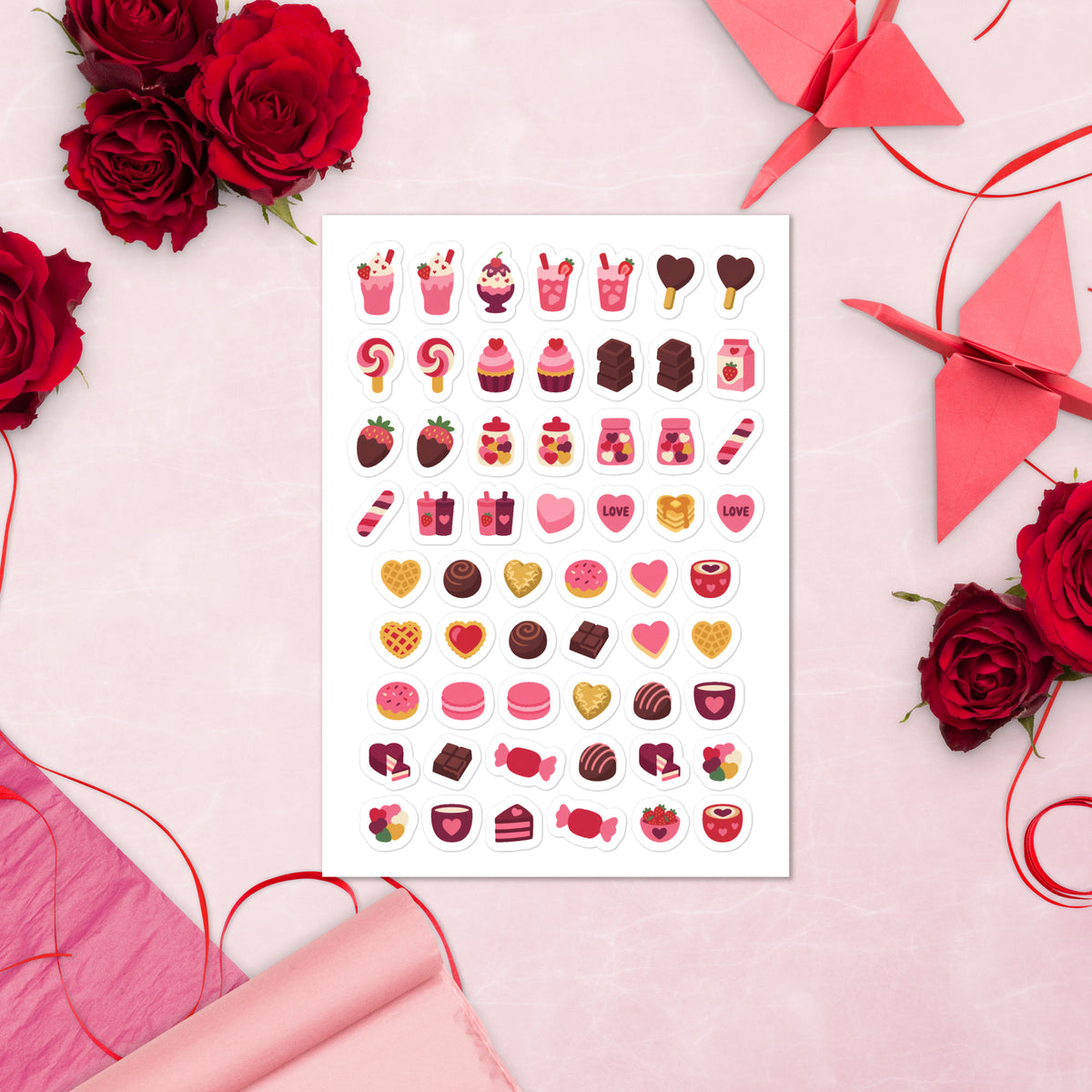 58 valentine's treat planner stickers on one kiss-cut 5.83 x 8.27 in sheet, permanent vinyl