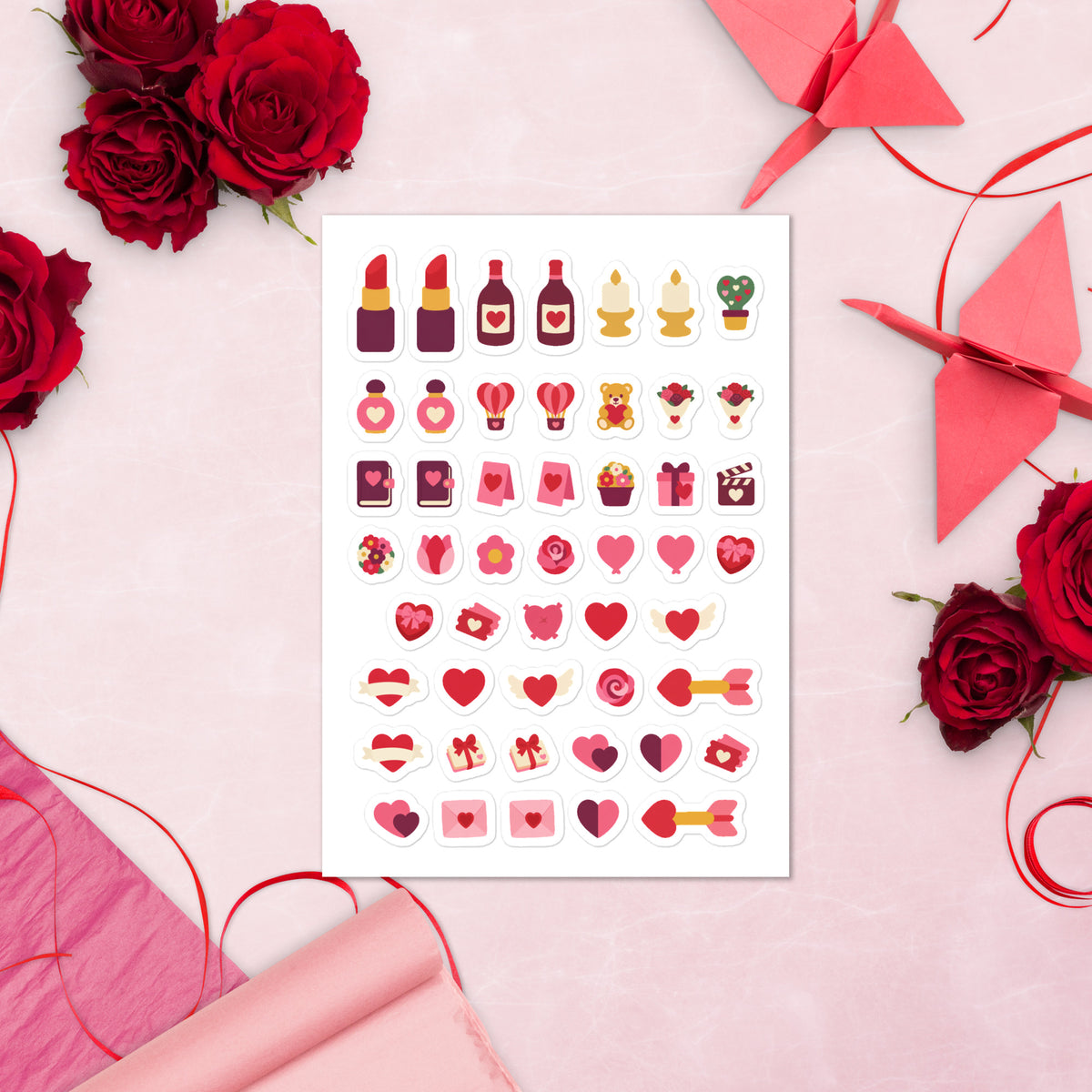 49 valentine's planner stickers on one kiss-cut 5.83 x 8.27 in sheet, permanent vinyl
