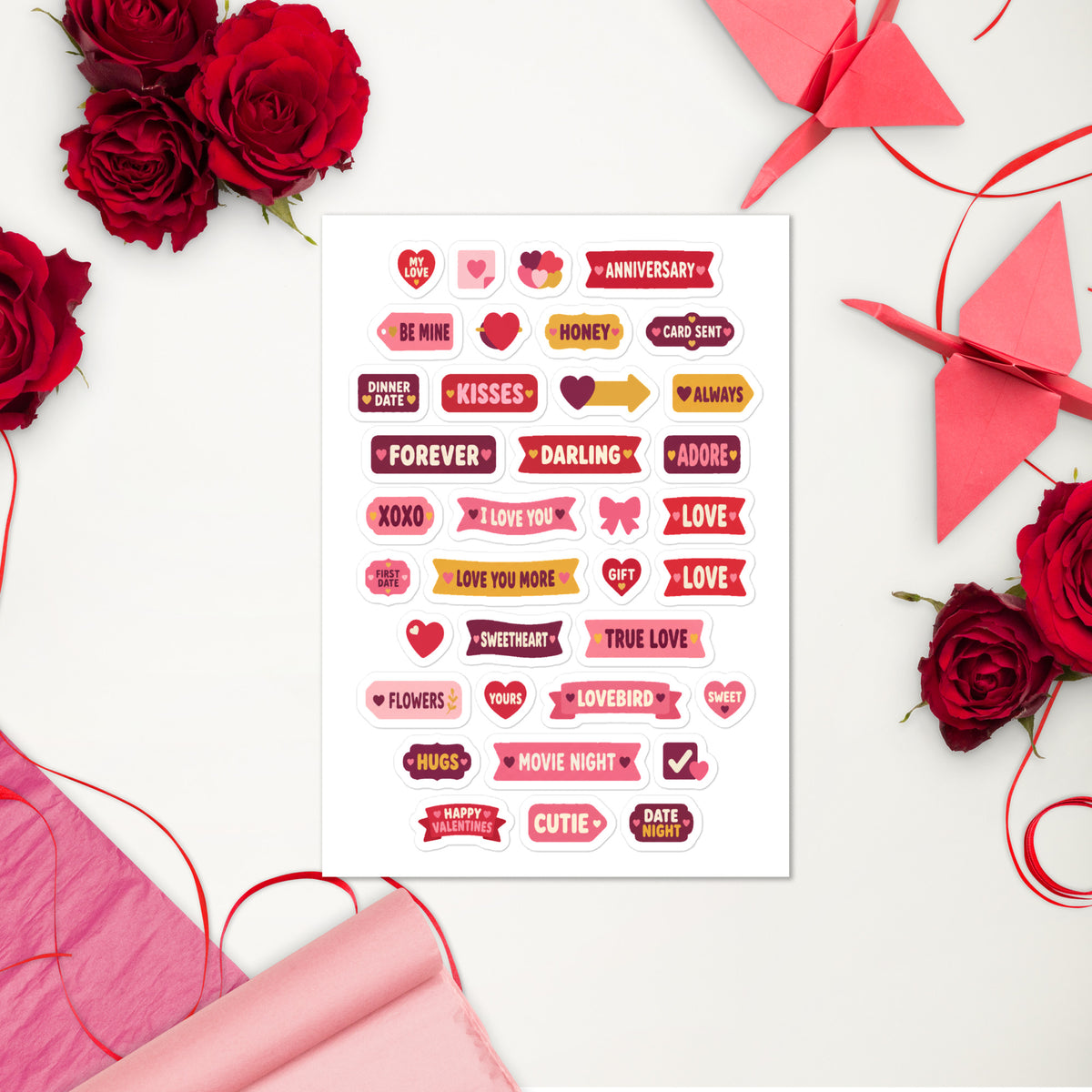 36 valentine's word planner stickers on one kiss-cut 5.83 x 8.27 in sheet, permanent vinyl