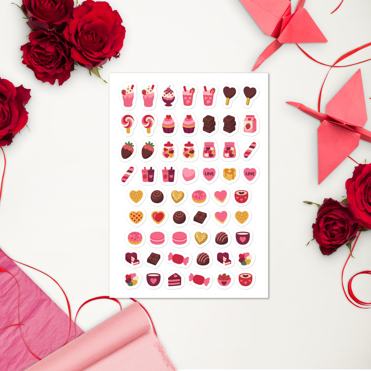 58 valentine's treat planner stickers on one kiss-cut 5.83 x 8.27 in sheet, permanent vinyl