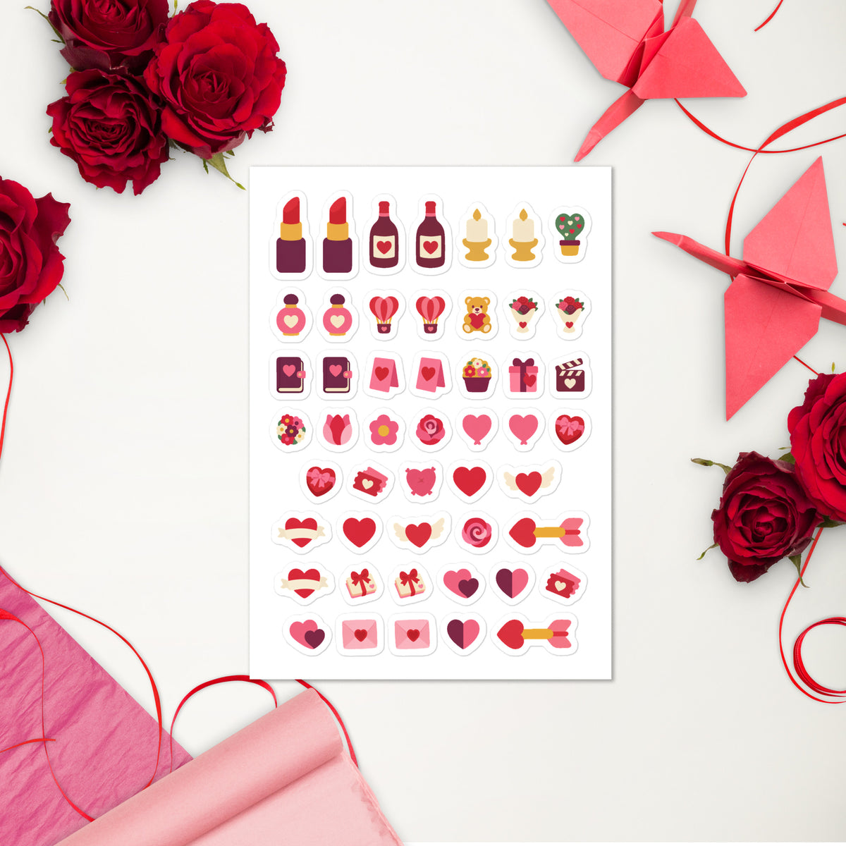 49 valentine's planner stickers on one kiss-cut 5.83 x 8.27 in sheet, permanent vinyl